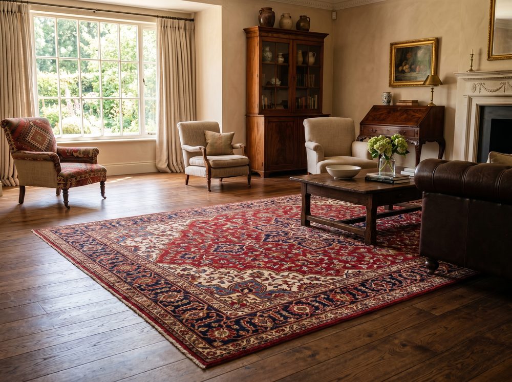 Traditional oriental area rug in a Pueblo home after professional rug cleaning