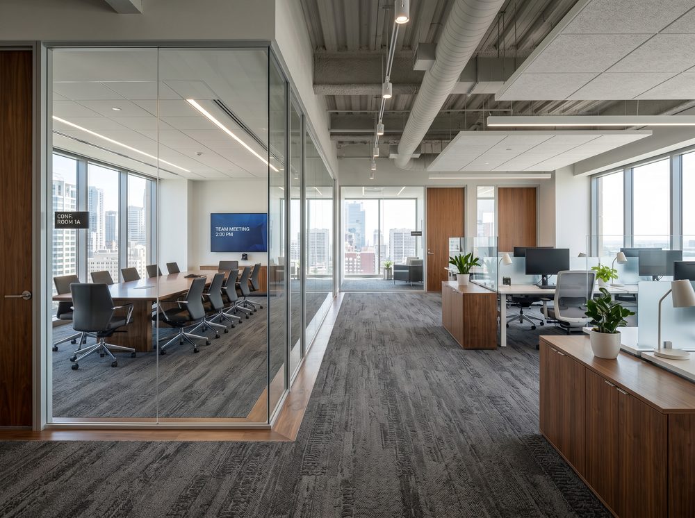 Modern office interior with clean commercial-grade carpet in a Pueblo business space