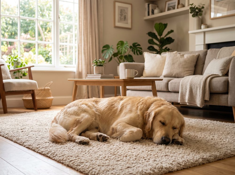 Golden retriever resting on clean carpet after professional pet stain and odor removal in a Pueblo home