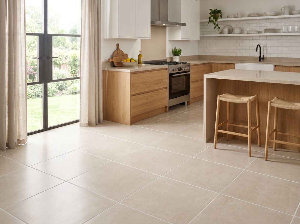 Pristine kitchen tile floor with fresh grout lines after professional tile and grout cleaning in a Pueblo home