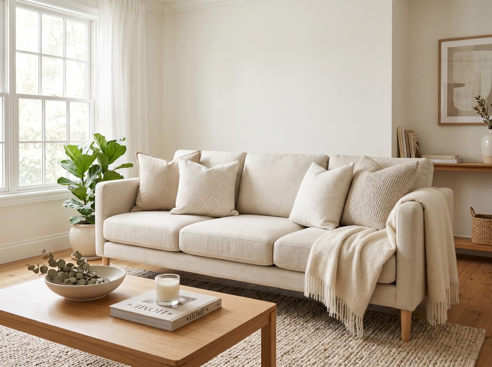Freshly cleaned fabric sofa in a Pueblo home after professional upholstery cleaning